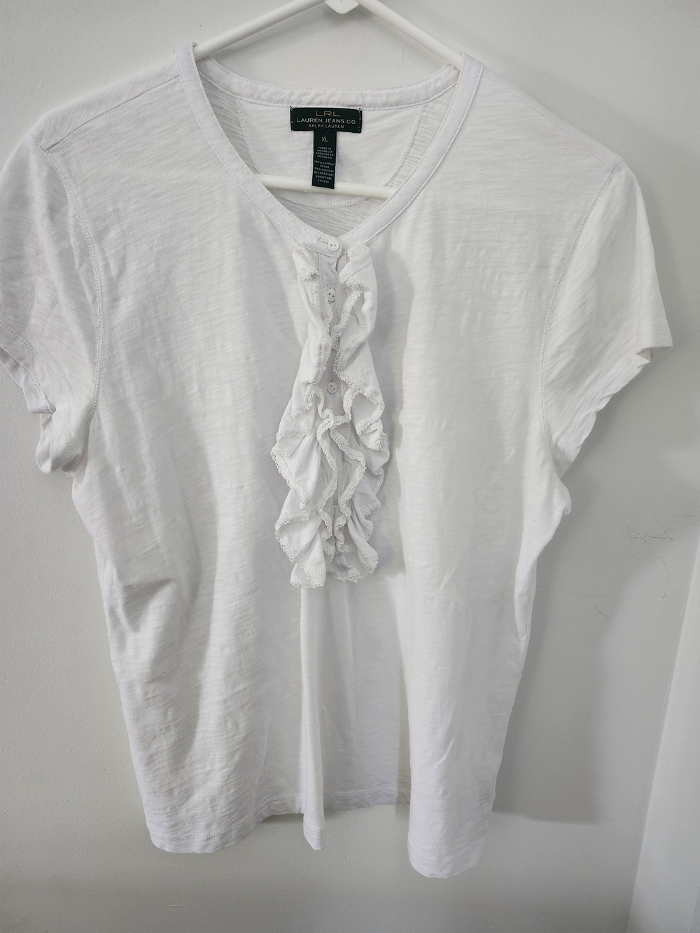 Ralph Lauren White Ruffle-Front Short Sleeve Top